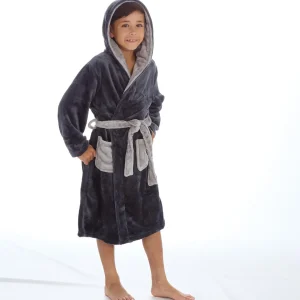 Kids 4Kidz Boys Contrast Hooded Dressing Gown - Charcoal