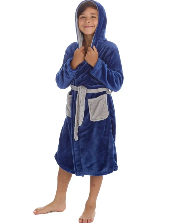 Kids 4Kidz Boys Contrast Hooded Dressing Gown - Ink Blue
