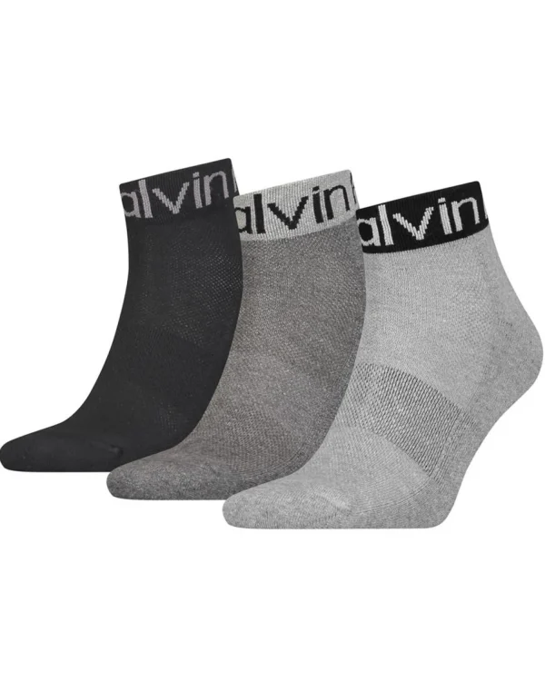 Men Calvin Klein Mens 3 Pack Logo Cuff Quarter Socks - Mid Grey Melange