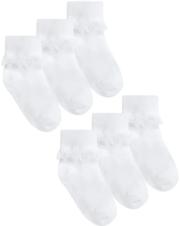 Kids Cottonique 6 Pack Kids Frilly Lace Socks - White