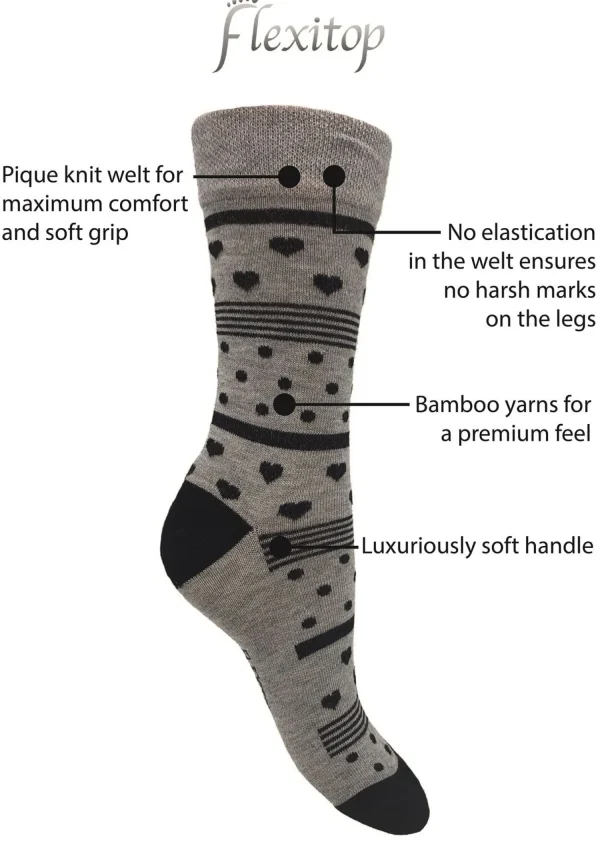 Flexitop Socks | 3 Pack Womens Bamboo Socks - Grey Heart