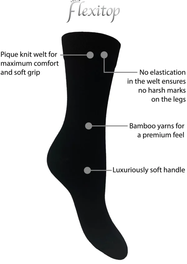 Flexitop Socks | 3 Pack Womens Bamboo Socks - Plain Black