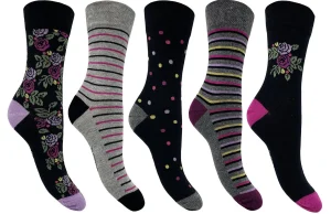 Flexitop Socks | 5 Pack Womens Cotton Rich Socks - Black Floral
