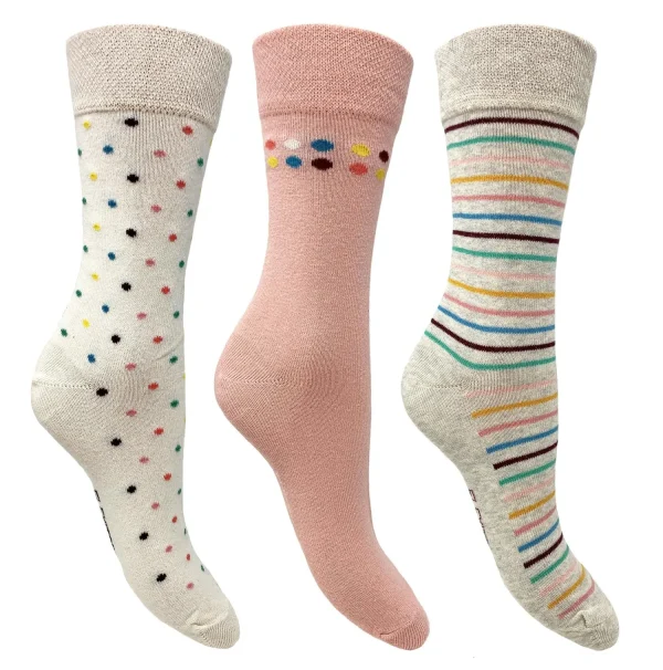 Flexitop Socks | 3 Pack Womens Cotton Rich Socks - Cream Spots & Stripes