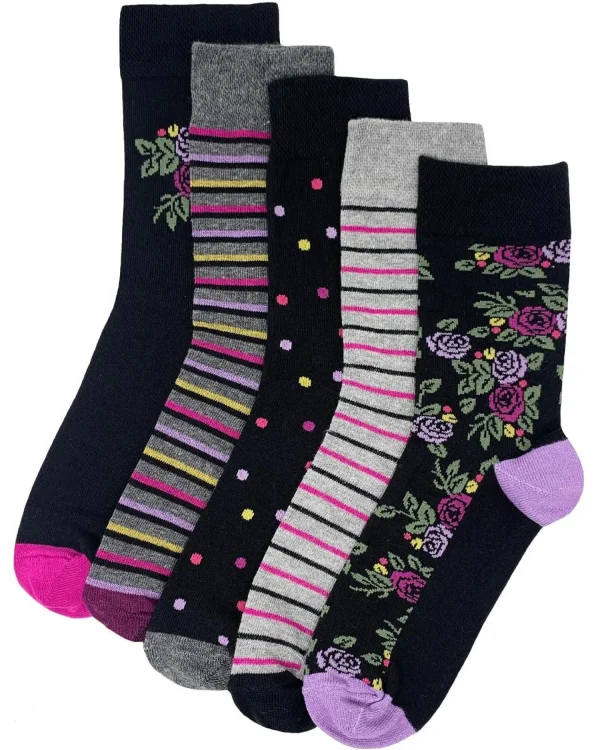 Flexitop Socks | 5 Pack Womens Cotton Rich Socks - Black Floral