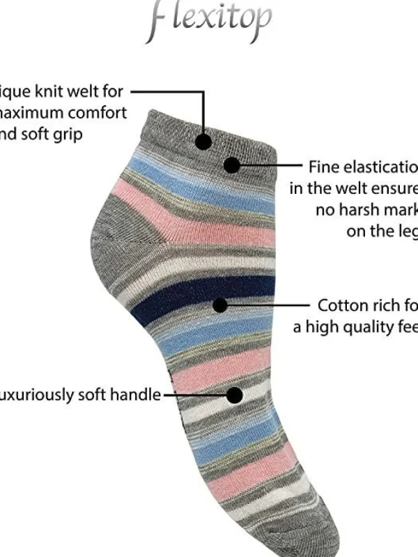 Flexitop Socks | 5 Pack Womens Cotton Rich Trainer Socks - Spots & Stripes