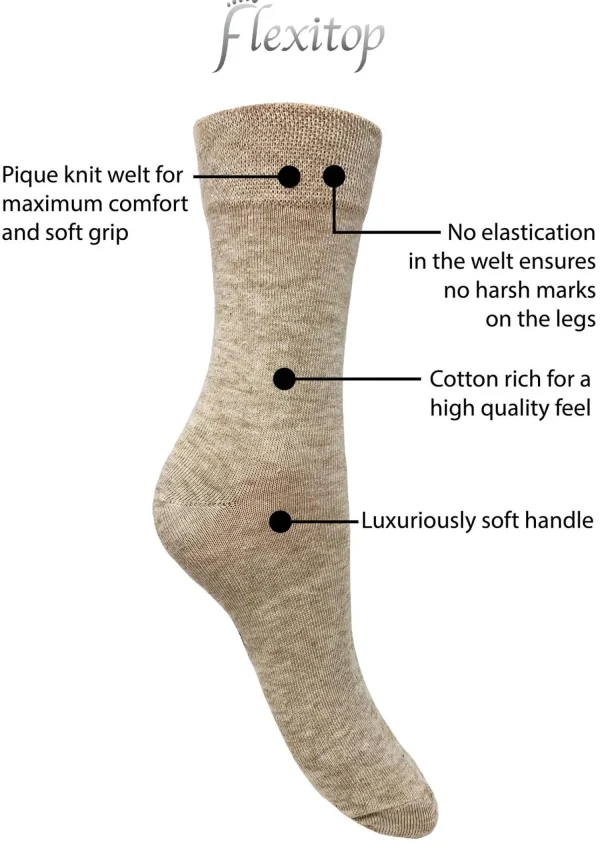 Flexitop Socks | 3 Pack Womens Cotton Rich Socks - Blue/Pink/Beige