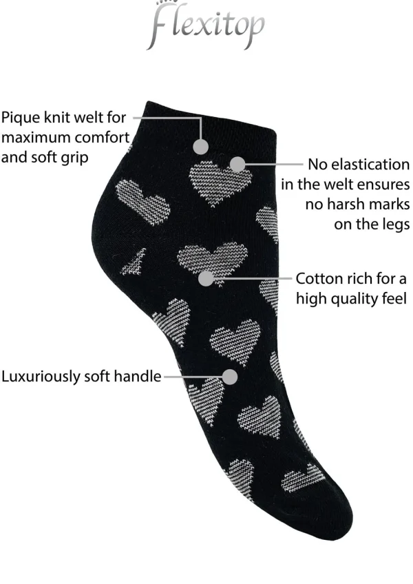 Flexitop Socks | 5 Pack Womens Cotton Rich Trainer Socks - Black Heart