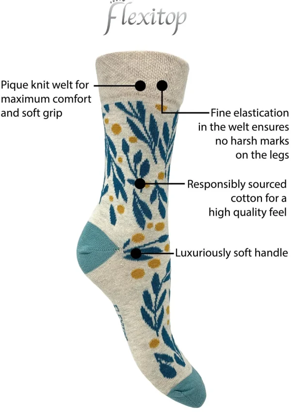 Flexitop Socks | 3 Pack Womens Cotton Rich Socks - Leaf Design