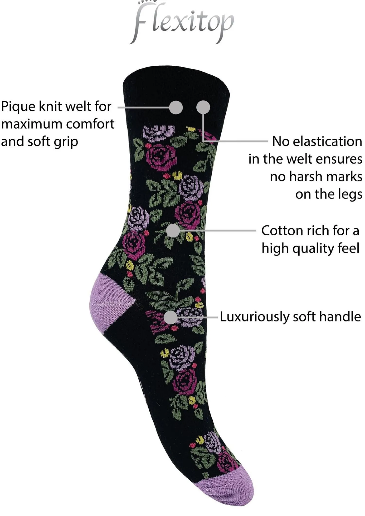 flexitop__pack_womens_cot_3-6.webp Flexitop Socks | 5 Pack Womens Cotton Rich Socks - Black Floral