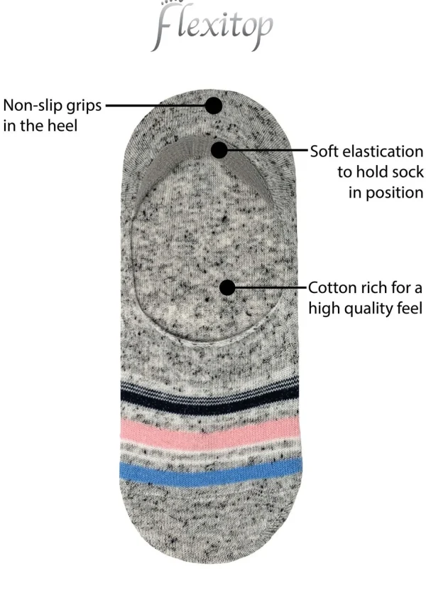 Flexitop Socks | 3 Pack Womens Invisible Liner Socks - Blue Stripe