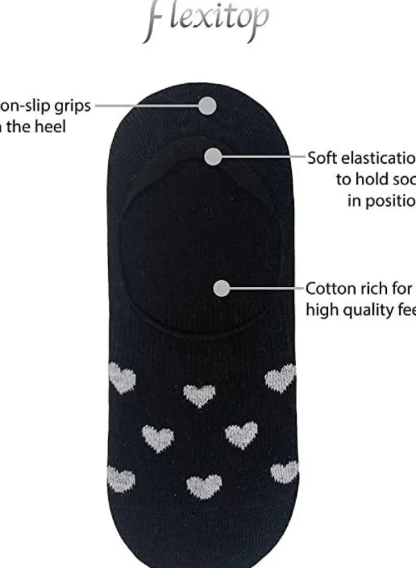 Flexitop Socks | 3 Pack Womens Invisible Liner Socks - Black Heart