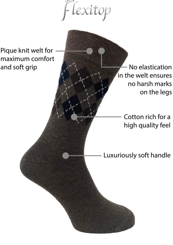 Men Flexitop Mens 5 Pack Dress Socks - Brown Argyle