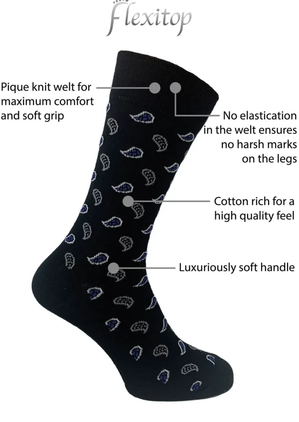 Men Flexitop Mens 5 Pack Dress Socks - Black Paisley Mix