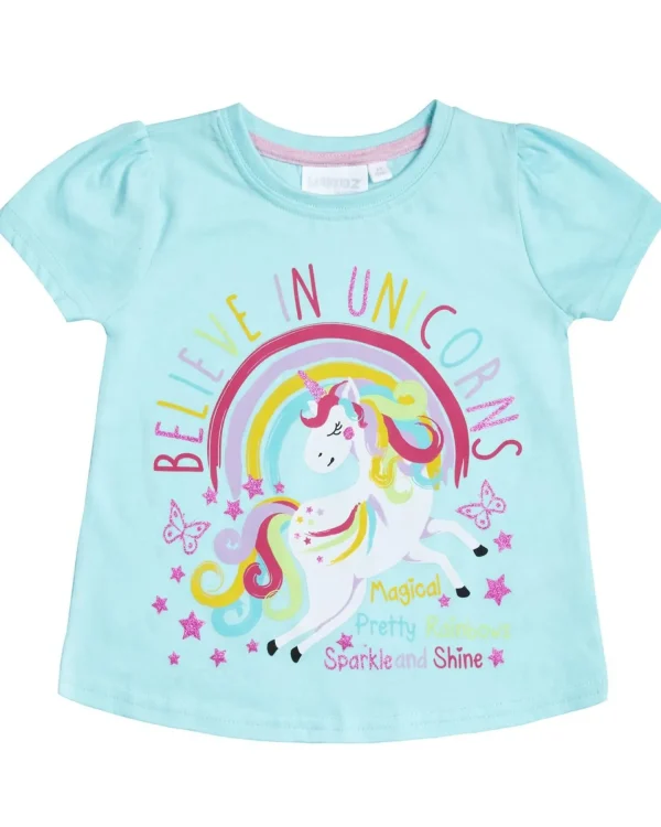 Kids Minikidz Girls Blue Unicorn Short Sleeve T-Shirt
