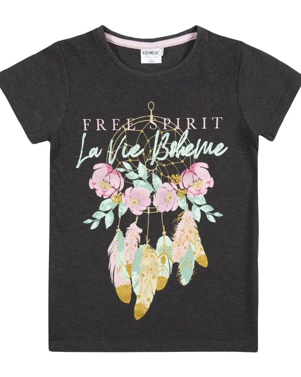 Kids Red Melon Girls Charcoal Free Spirit Short Sleeve T-Shirt