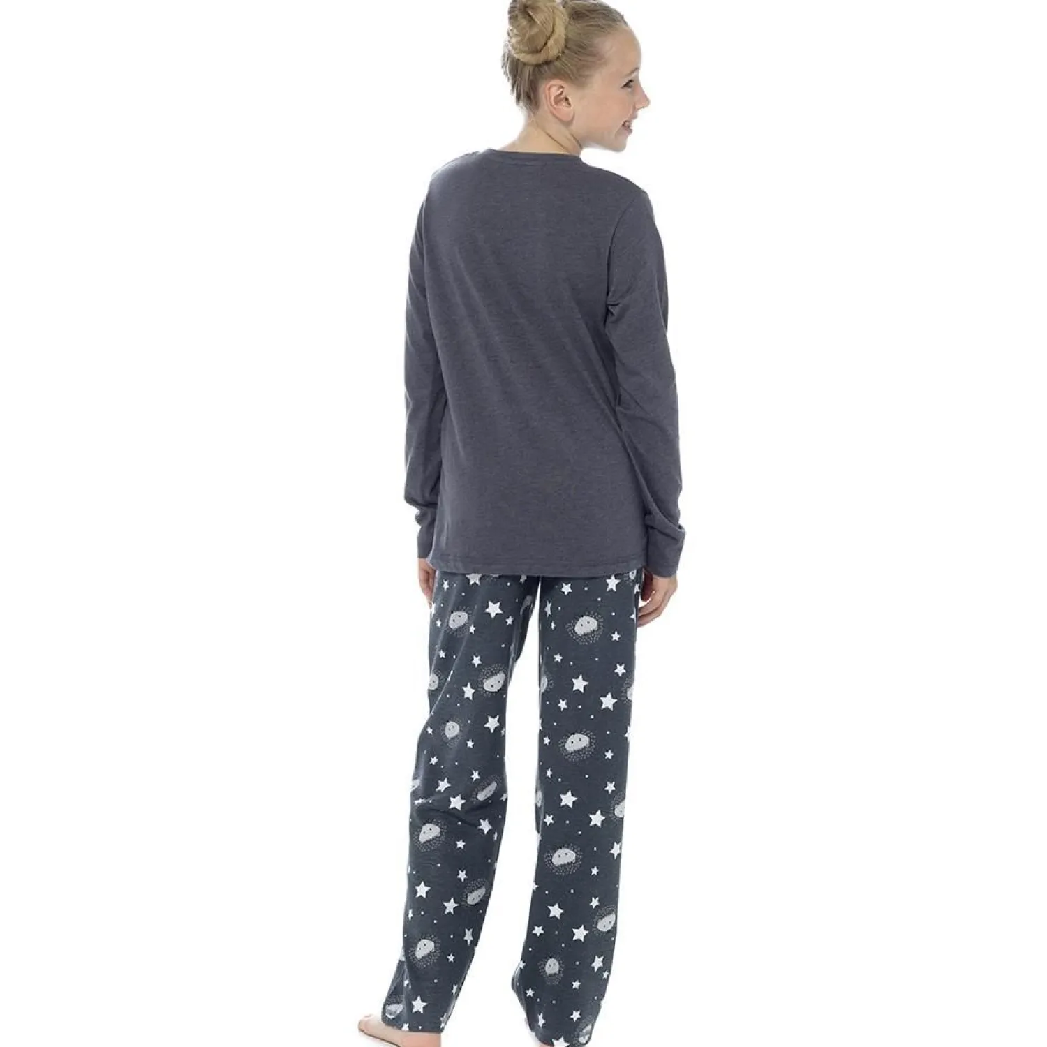 girls_hedgehog_print_char_0.webp Kids Foxbury Girls Hedgehog Print Charcoal Long Jersey Pyjamas
