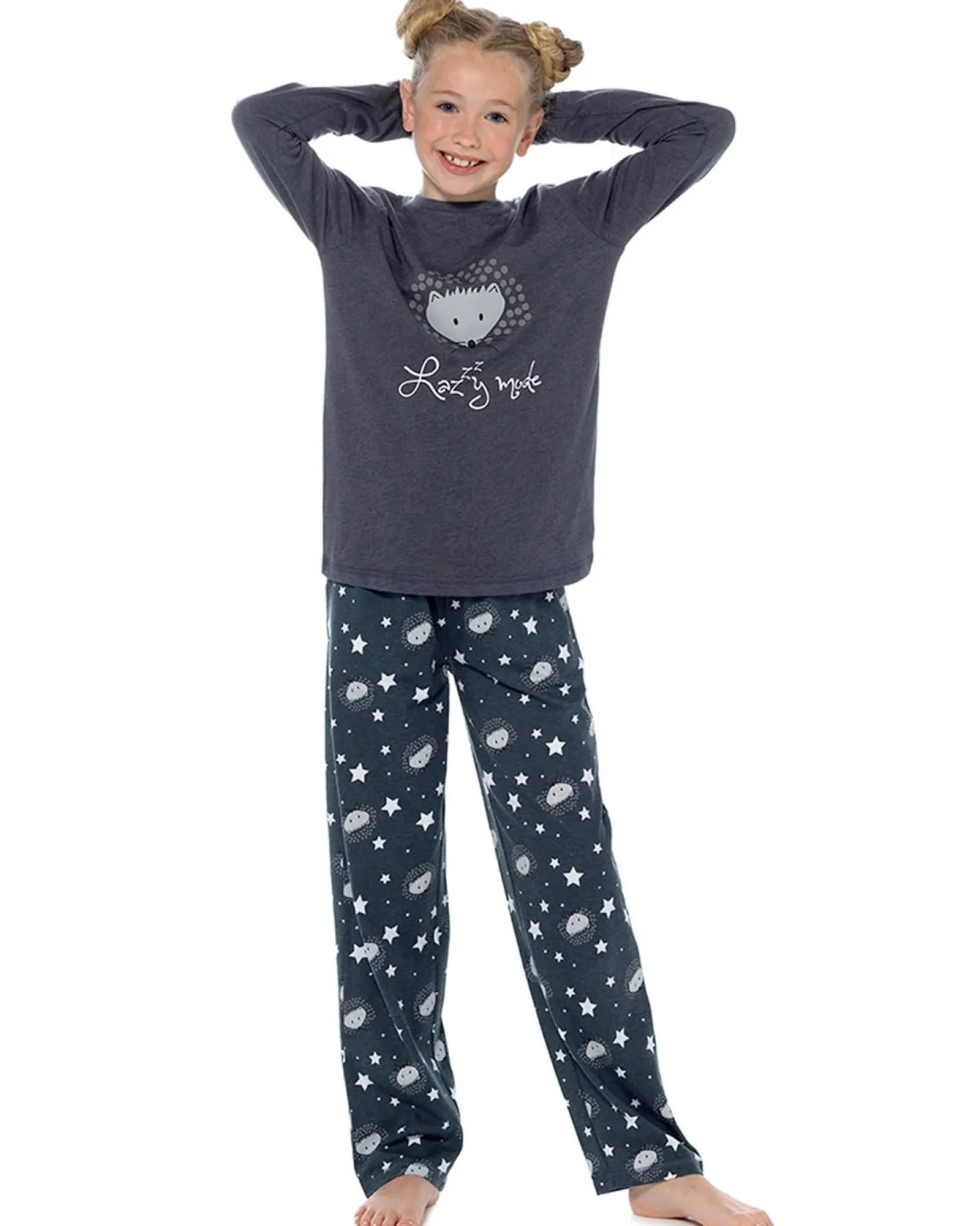 girls_hedgehog_print_char_1.webp Kids Foxbury Girls Hedgehog Print Charcoal Long Jersey Pyjamas