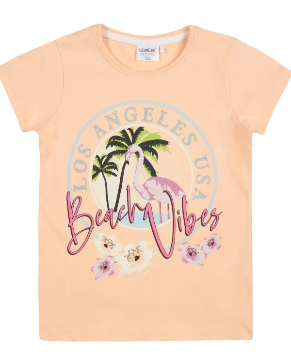 Kids Red Melon Girls Orange Beach Vibes Short Sleeve T-Shirt