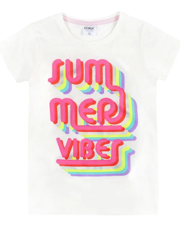 Kids Red Melon Girls White Summer Vibes Short Sleeve T-Shirt