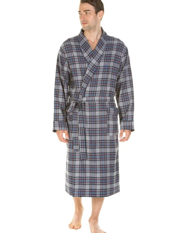 Men Haigman Brushed 100% Cotton Dressing Gown - Blue/Grey Check