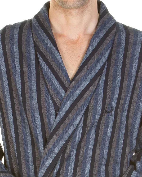 Men Haigman Brushed 100% Cotton Dressing Gown - Navy/Grey Stripe