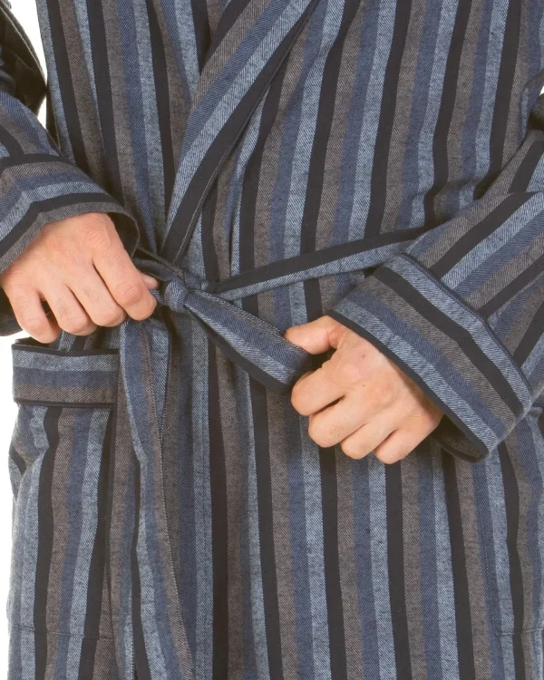 Men Haigman Brushed 100% Cotton Dressing Gown - Navy/Grey Stripe
