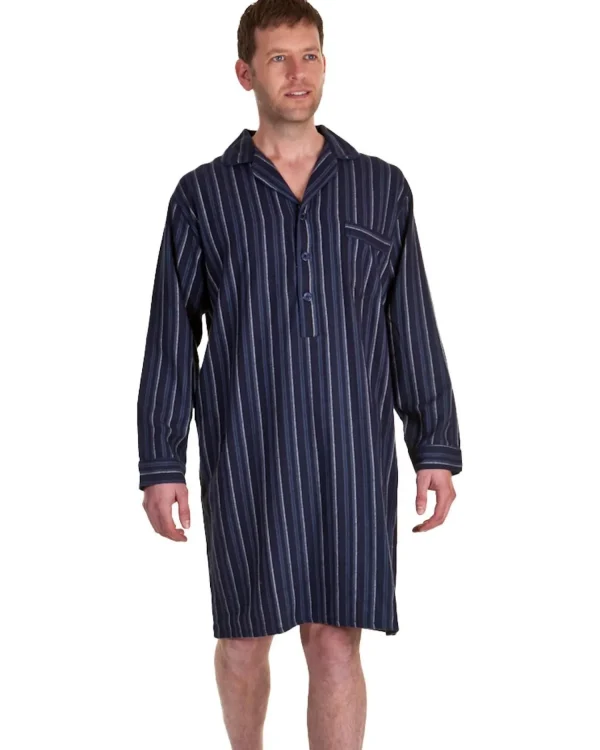 Men Haigman Brushed 100% Cotton Nightshirt - Navy/Blue Stripe