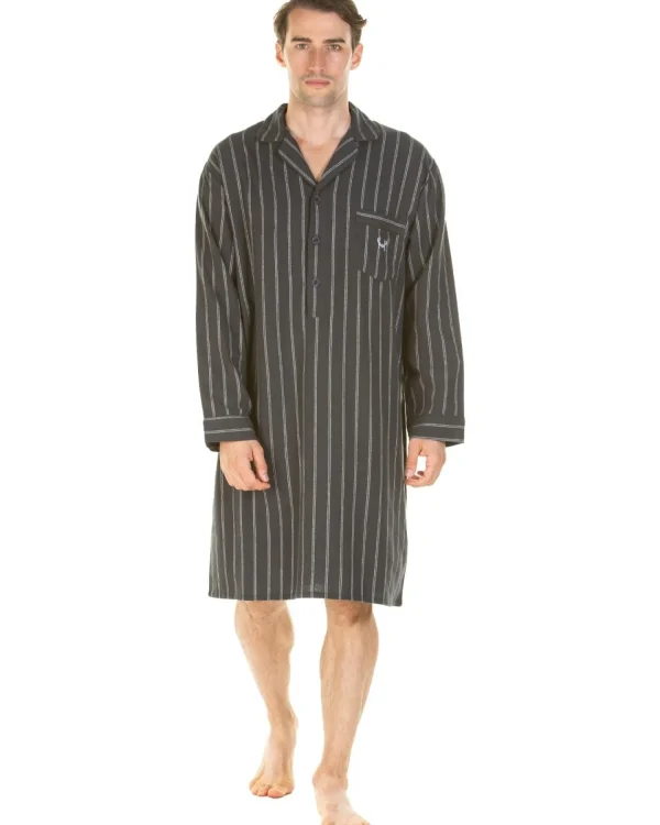 Men Haigman Brushed 100% Cotton Nightshirt - Charcoal Stripe