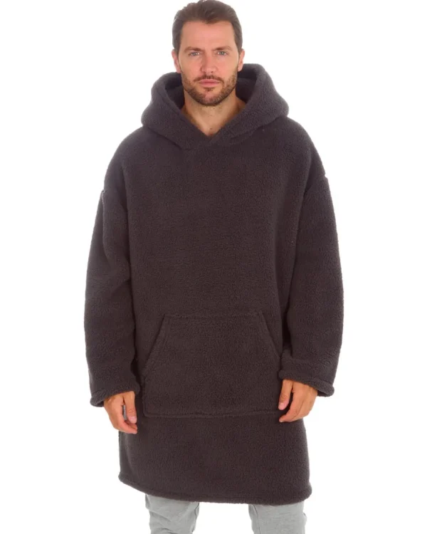 Men Huggable Borg Fleece Oversized Blanket Hoodie - Charcoal