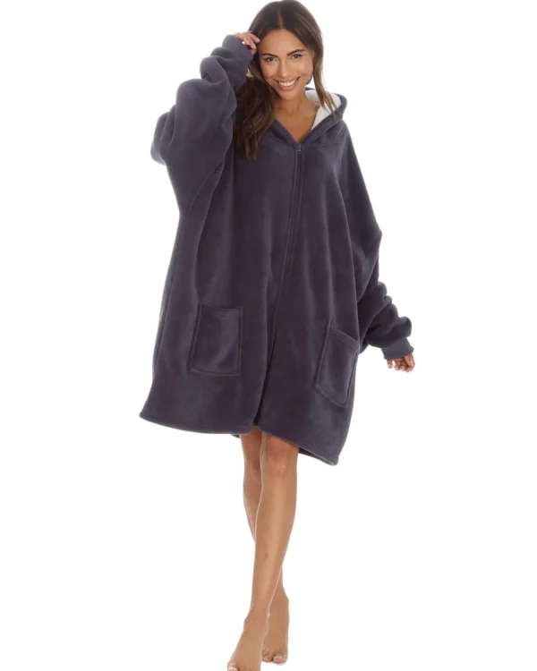 Huggable Loungewear | Oversized Sherpa Lined Zip Hoodie - Charcoal