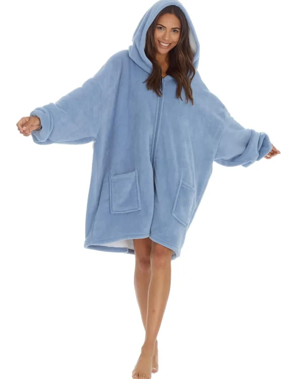 Huggable Loungewear | Oversized Sherpa Lined Zip Hoodie - Denim