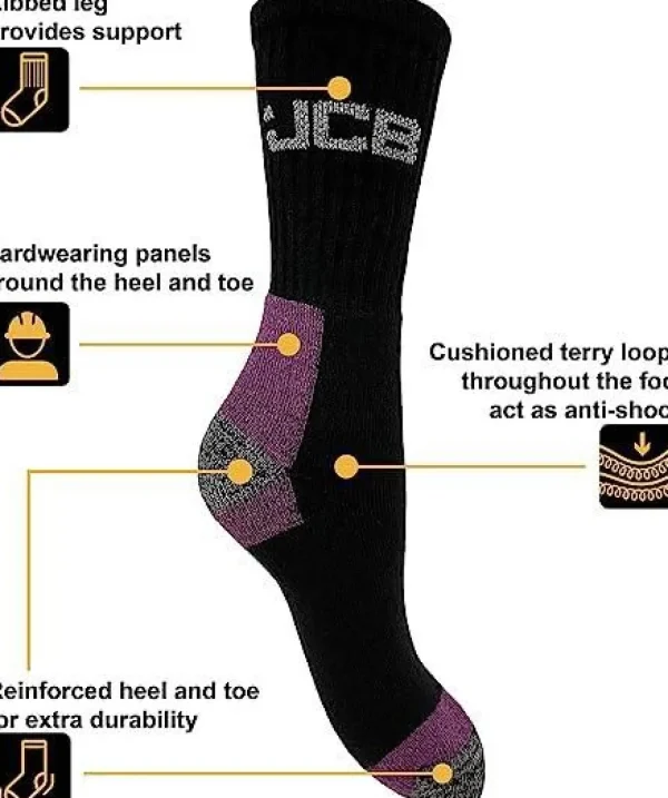 JCB Socks | Womens 3 Pack Workwear Apparel Socks - Black/Purple