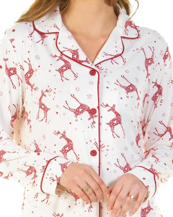 La Marquise Pyjamas | Festive Prints Button Pyjamas - Ivory Reindeers