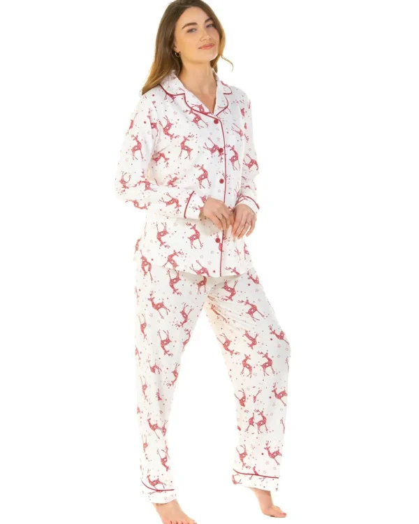 La Marquise Pyjamas | Festive Prints Button Pyjamas - Ivory Reindeers