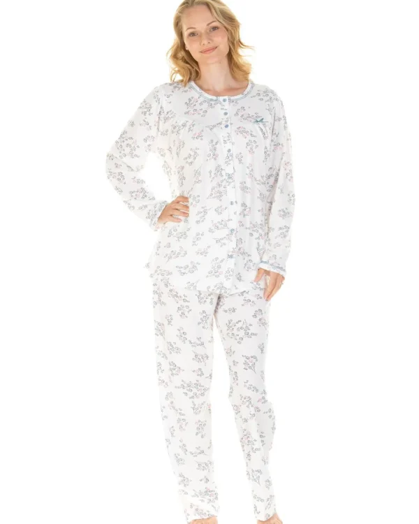 La Marquise Pyjamas | Floral Cuddleknit Jersey Pyjamas - Ivory