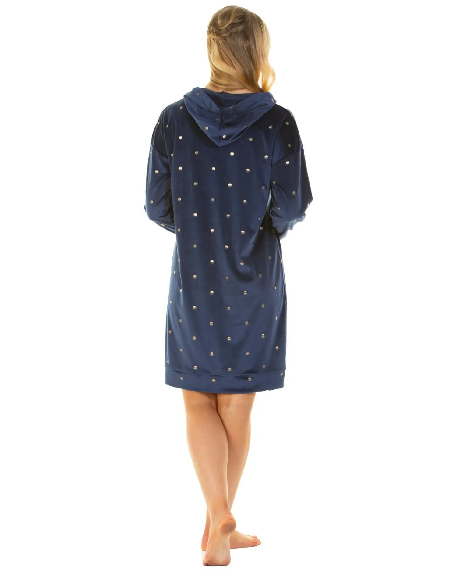 la_marquise_gold_dot_velo_0-2.webp La Marquise Nighties | Gold Dot Velour Hooded Nightie - Navy