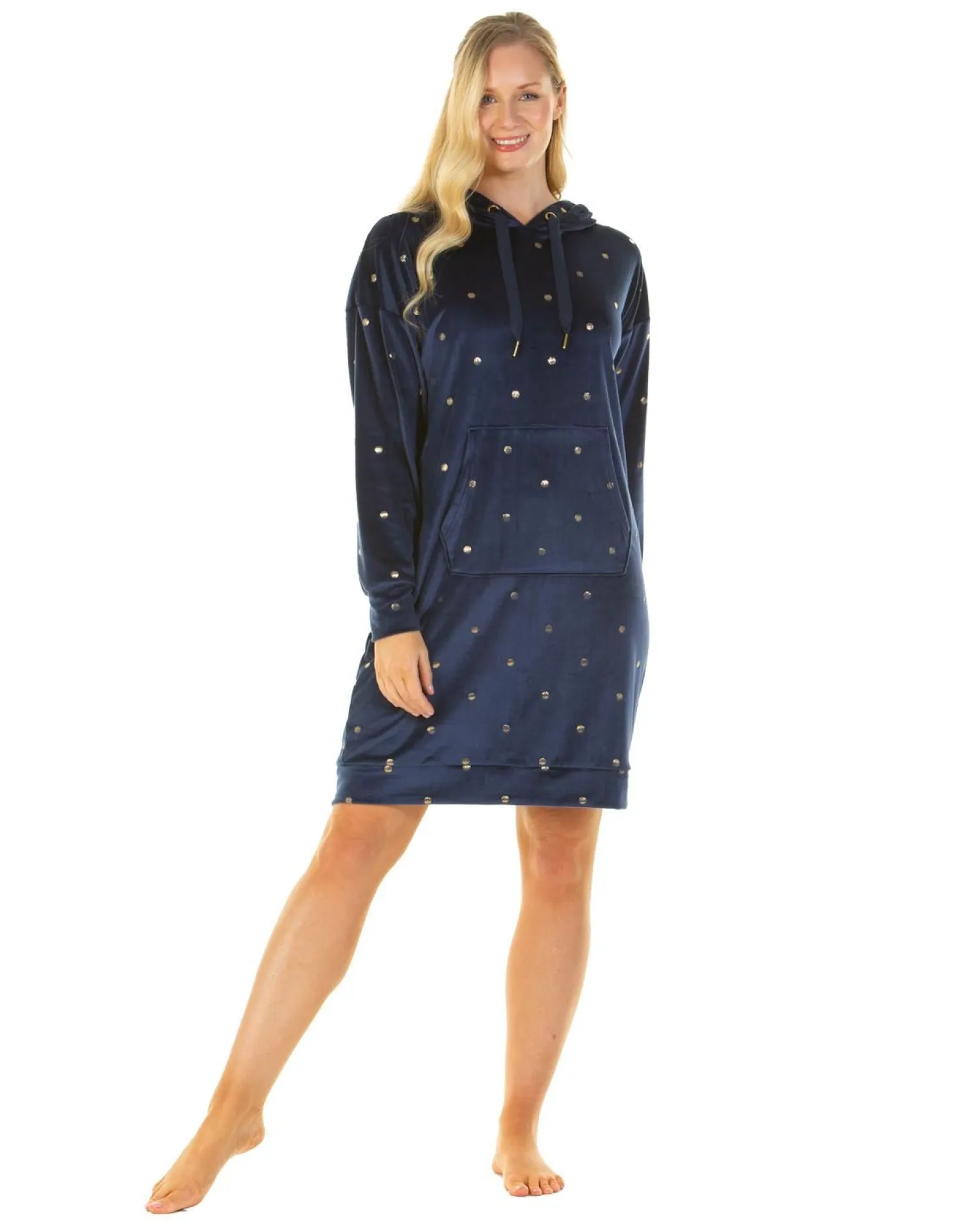 la_marquise_gold_dot_velo_1-2.webp La Marquise Nighties | Gold Dot Velour Hooded Nightie - Navy