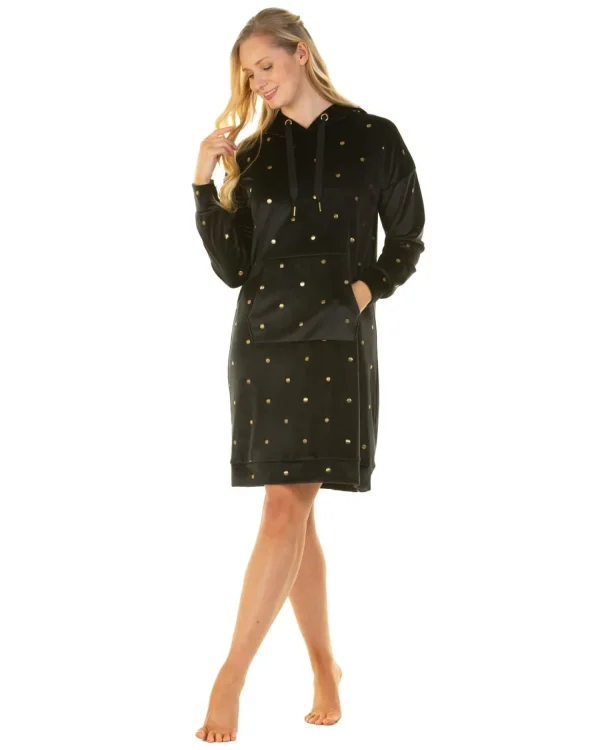 La Marquise Nighties | Gold Dot Velour Hooded Nightie - Black