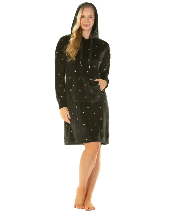La Marquise Nighties | Gold Dot Velour Hooded Nightie - Black
