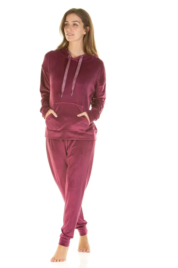 La Marquise Pyjamas | Velour Lounge Hooded Pyjamas - Burgundy