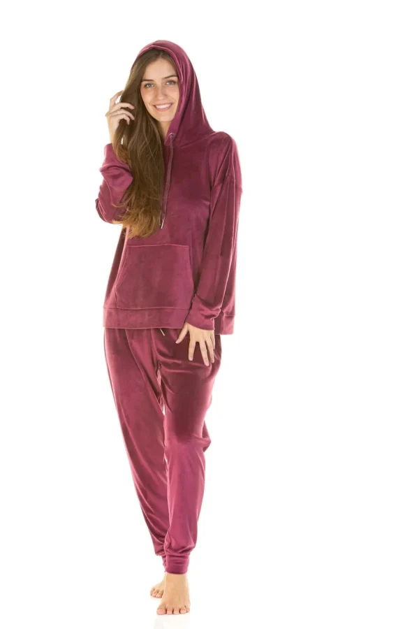 La Marquise Pyjamas | Velour Lounge Hooded Pyjamas - Burgundy