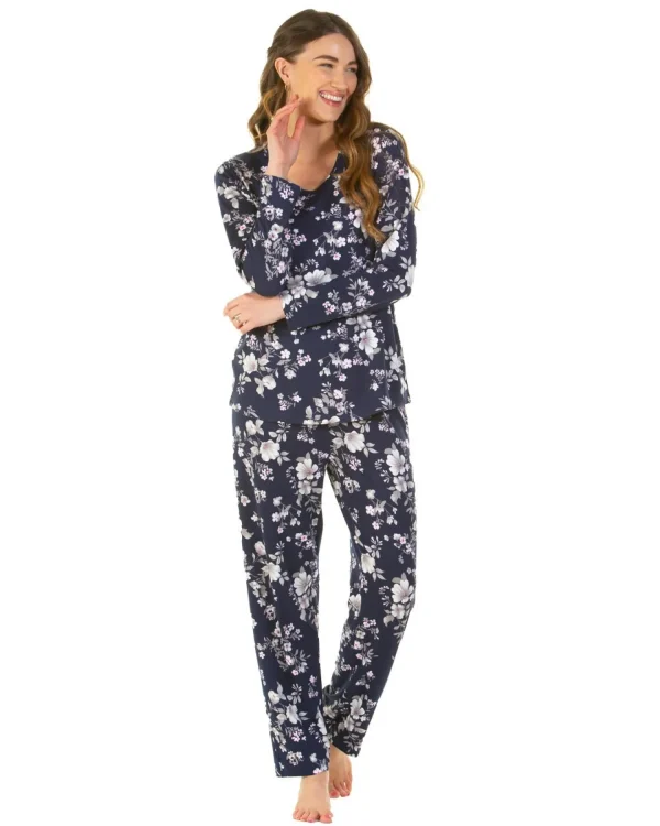 La Marquise Pyjamas | Winter Floral Long Sleeve Pyjamas - Navy
