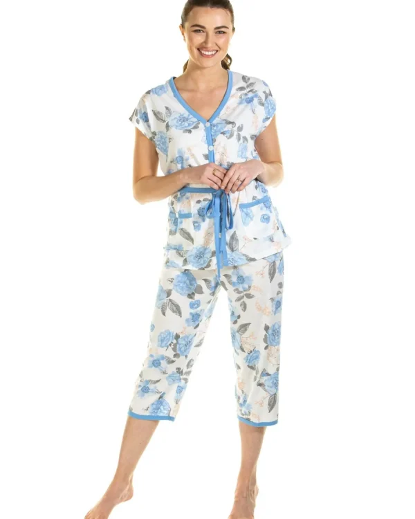 Lady Olga Pyjamas | Roses Jersey Cropped Pyjamas - Blue