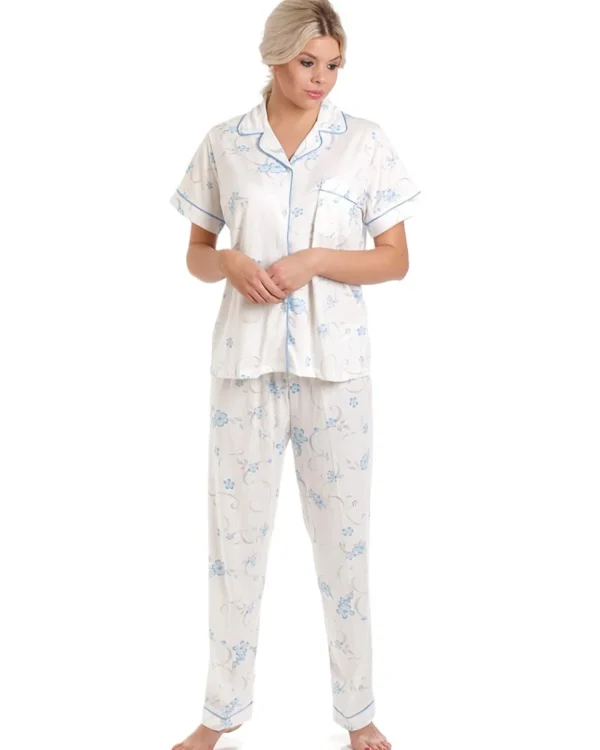 Lady Olga Pyjamas | Short Sleeve Jersey Floral Pyjamas - Blue