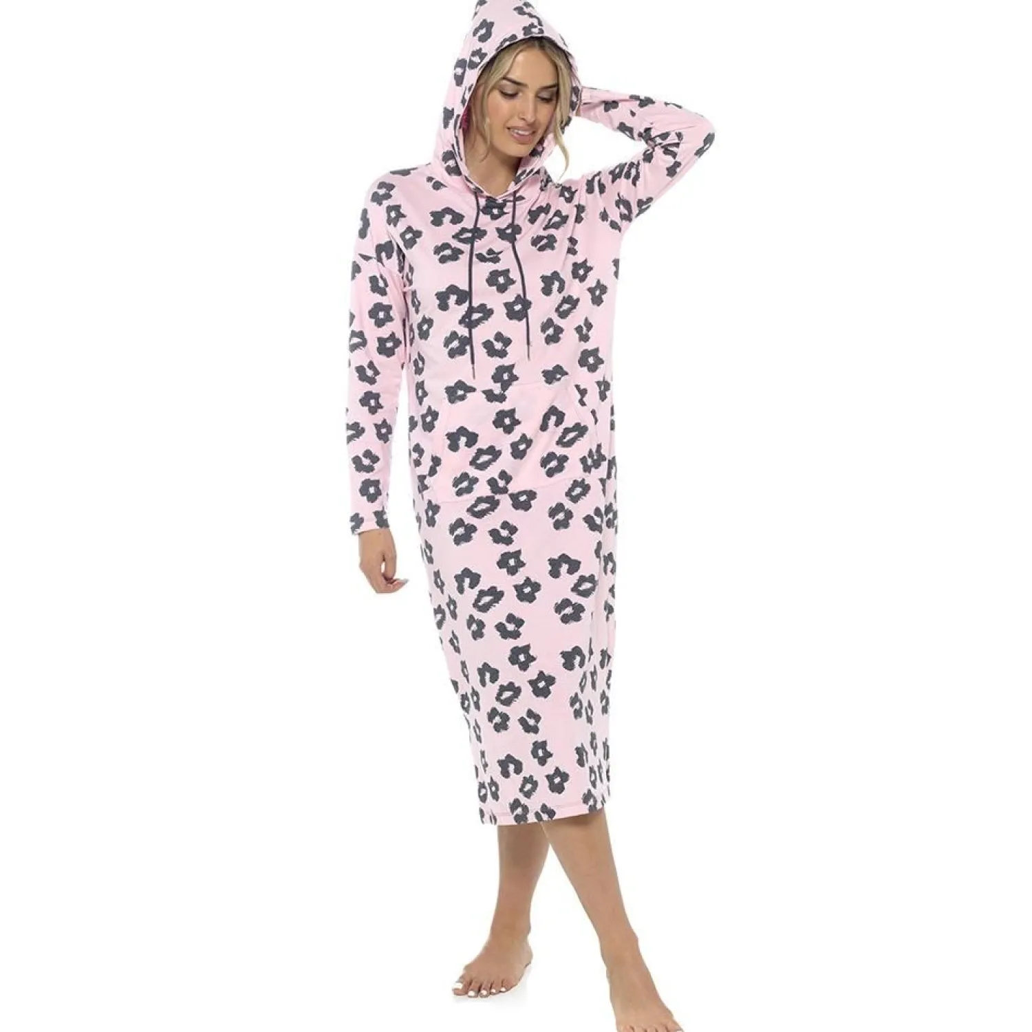 leopard_print_extra_long__0.webp Foxbury Loungewear | Leopard Print Extra Long Hooded Lounge Nightie - Pink