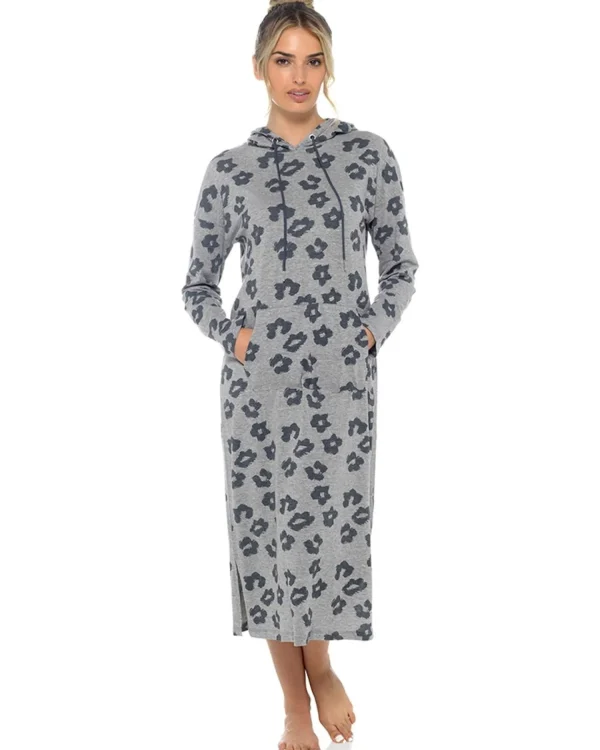 Foxbury Loungewear | Leopard Print Extra Long Hooded Lounge Nightie - Grey