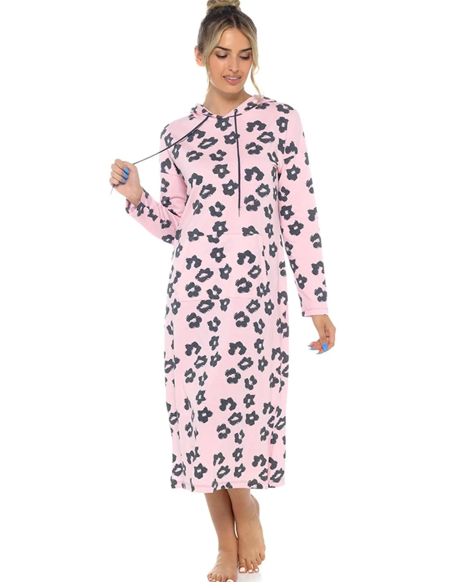 leopard_print_extra_long__2.webp Foxbury Loungewear | Leopard Print Extra Long Hooded Lounge Nightie - Pink