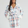 Loungeable Dressing Gowns | Blue Check Hooded Dressing Gown