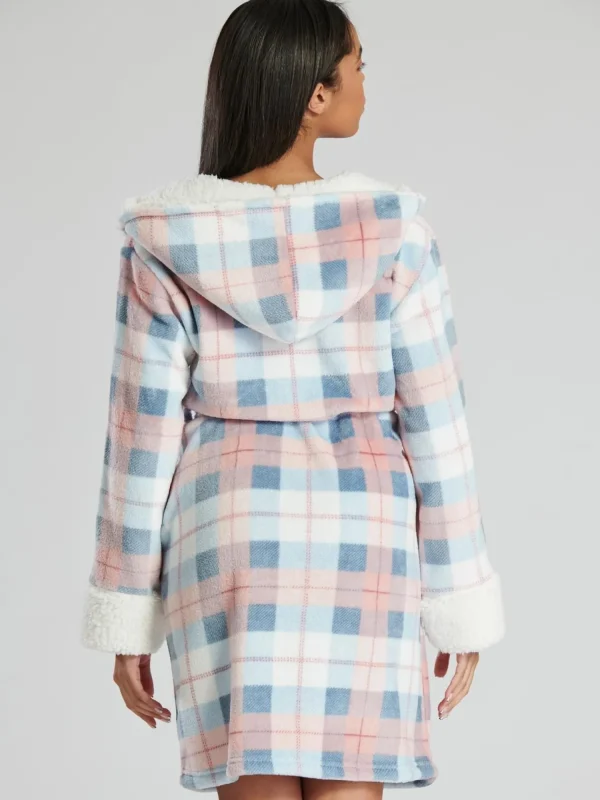 Loungeable Dressing Gowns | Blue Check Hooded Dressing Gown